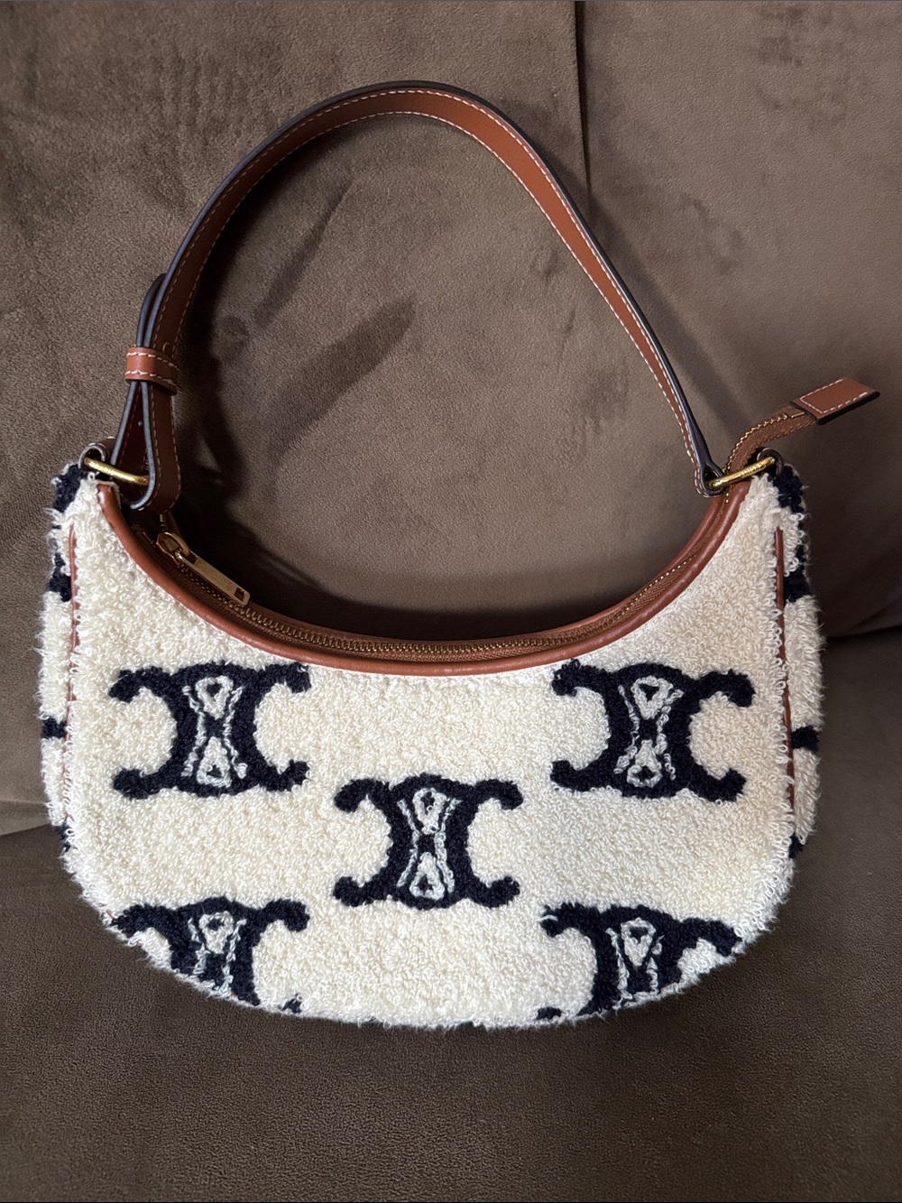 Celine Cream and Dark Navy Logo Pattern Shoulder Bag